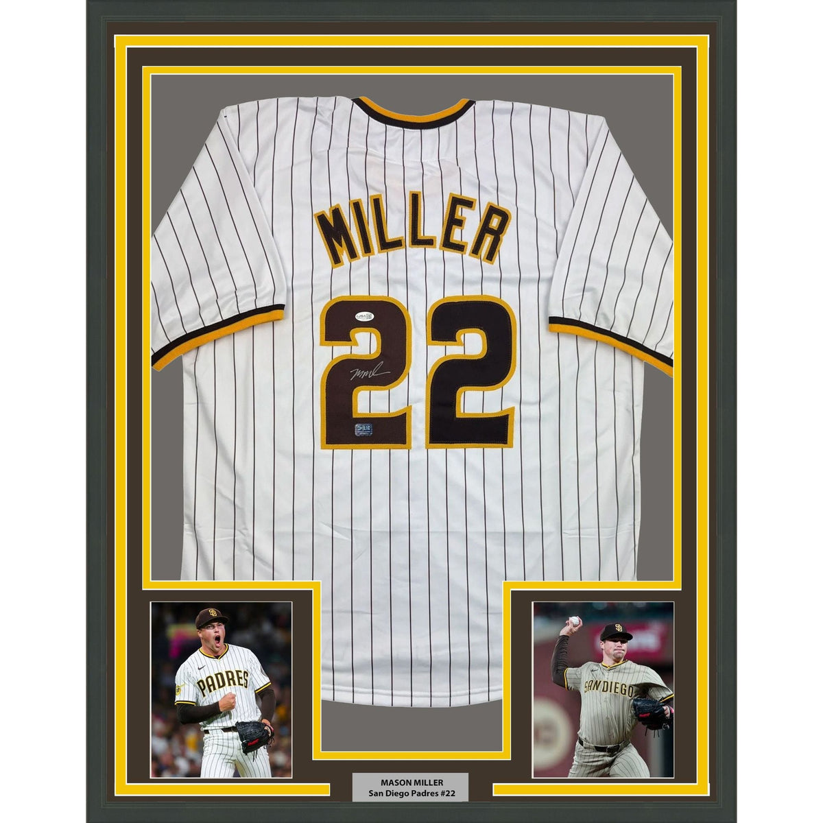 Framed Autographed/Signed Mason Miller 35x39 San Diego Pinstripe Baseball Jersey JSA COA