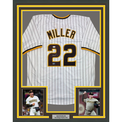Framed Autographed/Signed Mason Miller 35x39 San Diego Pinstripe Baseball Jersey JSA COA