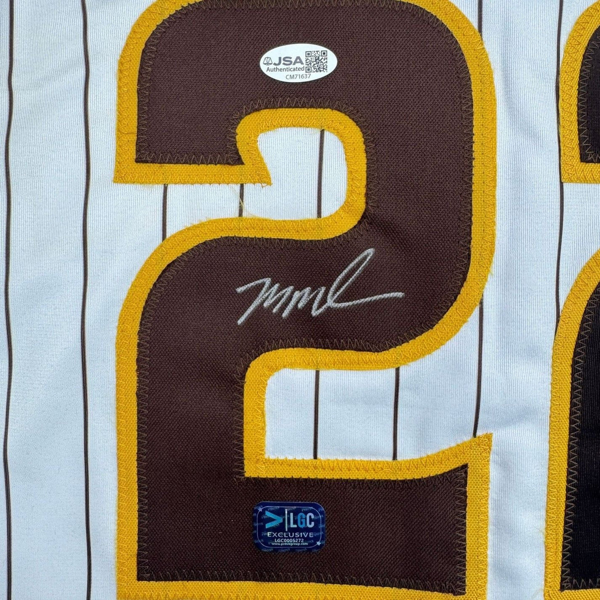 Framed Autographed/Signed Mason Miller 35x39 San Diego Pinstripe Baseball Jersey JSA COA