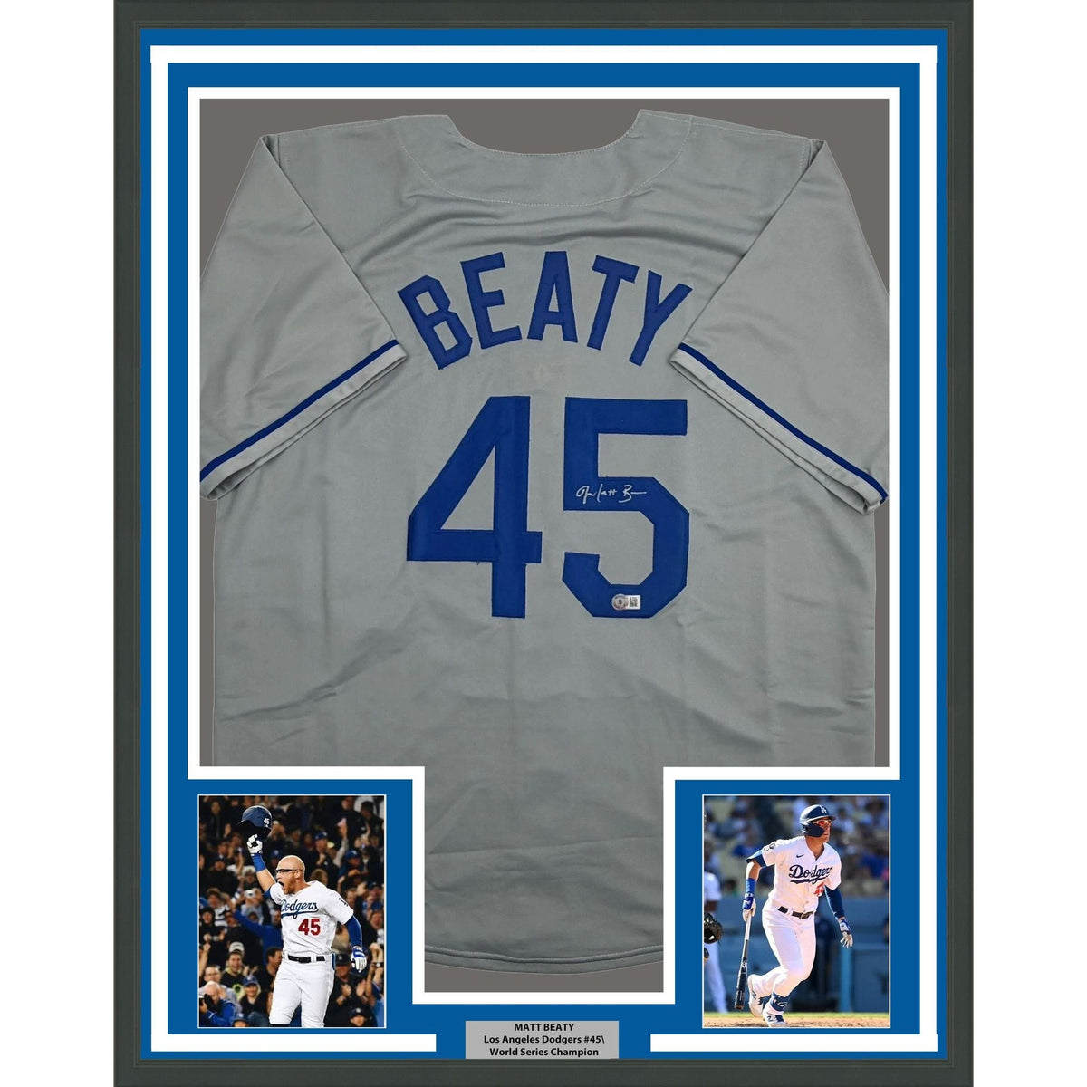 Framed Autographed/Signed Matt Beaty 35x39 Los Angeles Grey Baseball Jersey Beckett BAS COA