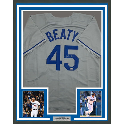 Framed Autographed/Signed Matt Beaty 35x39 Los Angeles Grey Baseball Jersey Beckett BAS COA