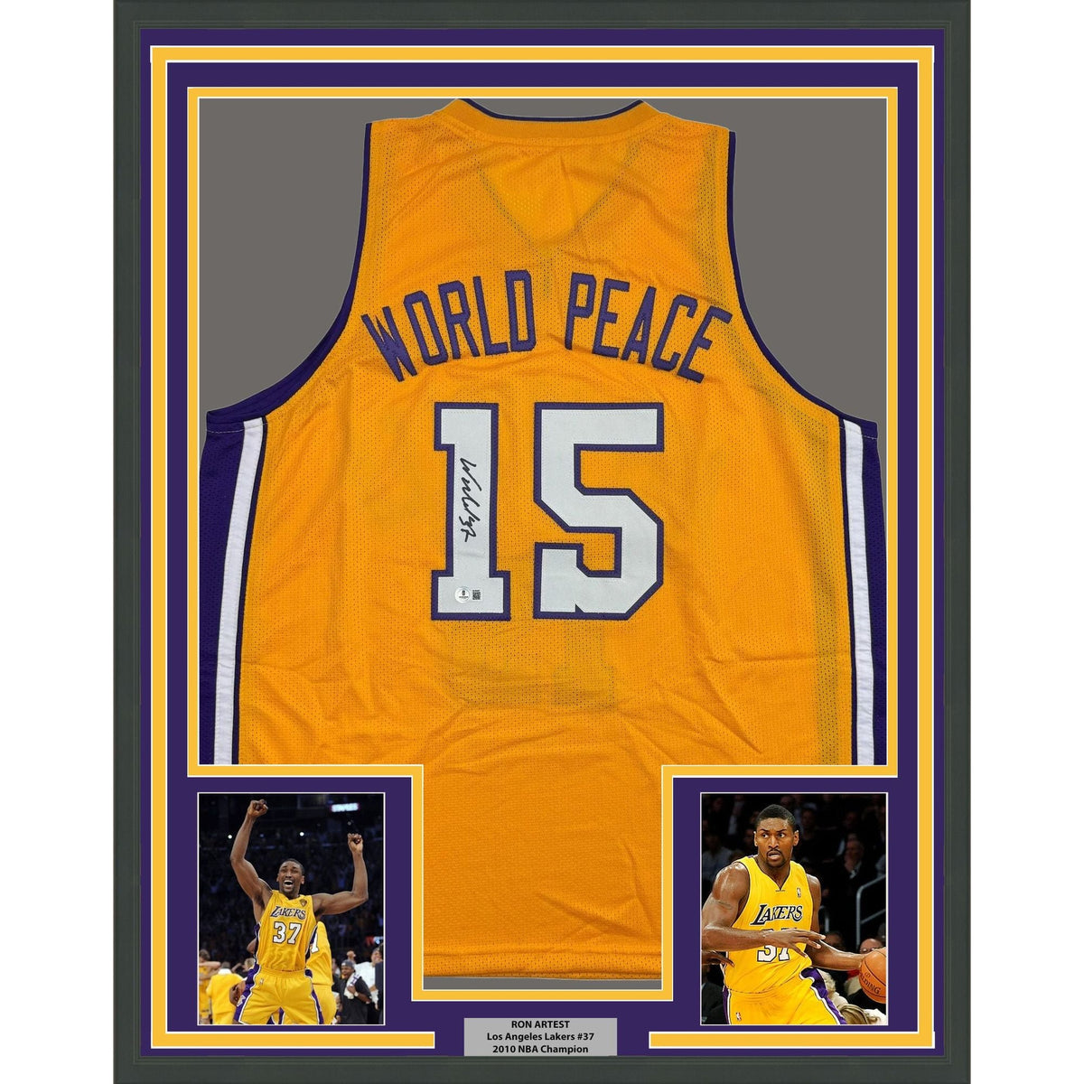 Framed Autographed/Signed Ron Artest Metta World Peace 35x39 Los Angeles Yellow Basketball Jersey Beckett BAS COA