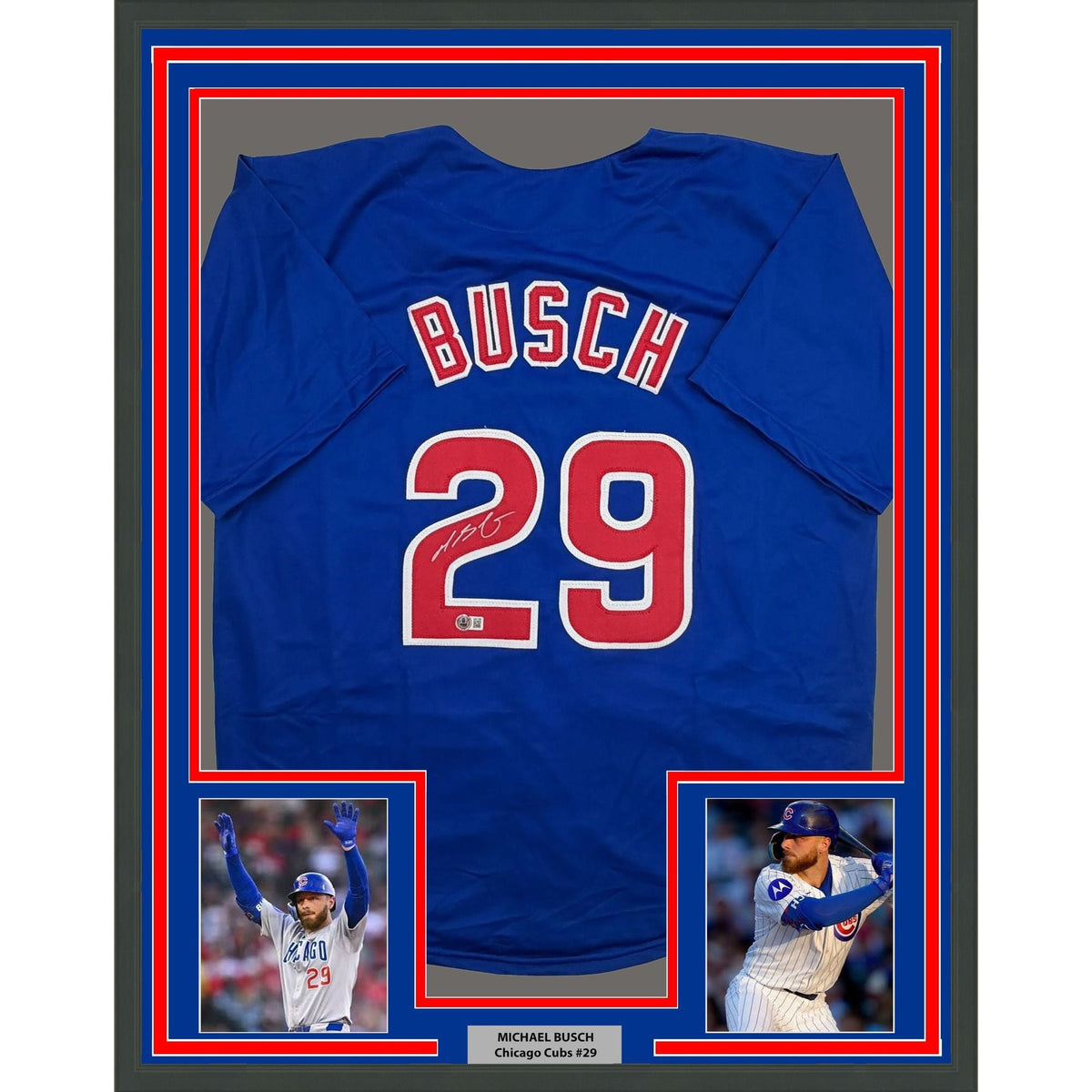 Framed Autographed/Signed Michael Busch 35x39 Chicago Blue Baseball Jersey Beckett BAS COA