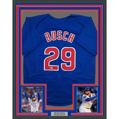Framed Autographed/Signed Michael Busch 35x39 Chicago Blue Baseball Jersey Beckett BAS COA