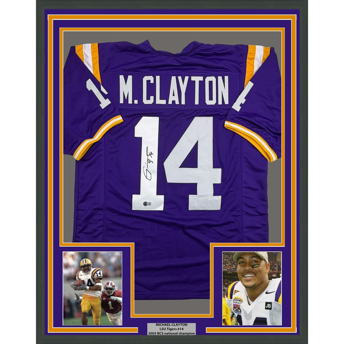 Framed Autographed/Signed Michael Clayton LSU 35x39 Purple College Football Jersey JSA COA