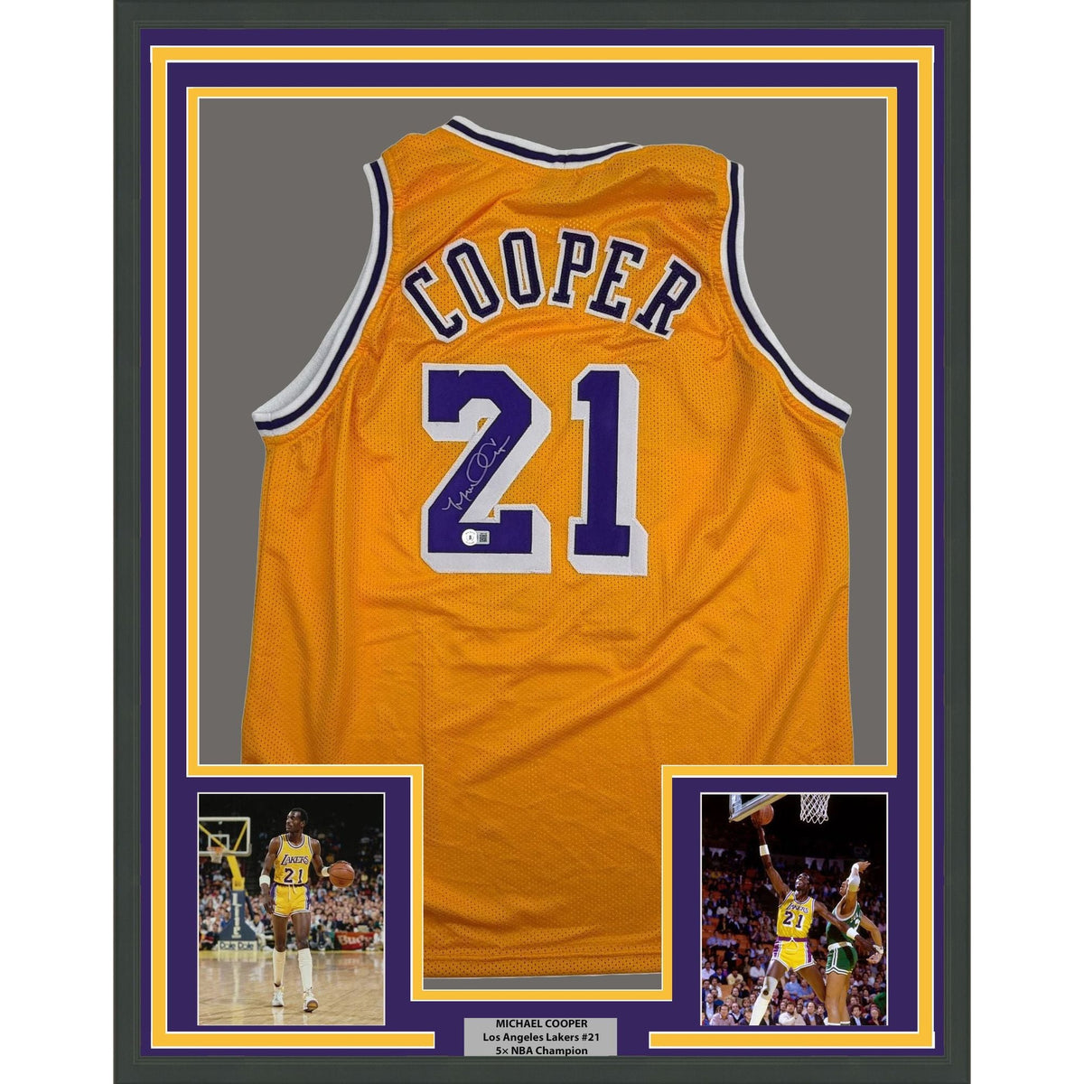 Framed Autographed/Signed Michael Cooper 35x39 Los Angeles Yellow Basketball Jersey Beckett BAS COA