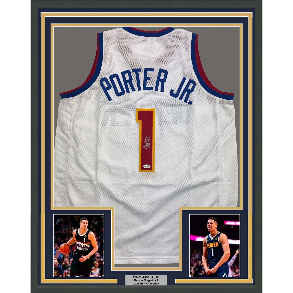 Framed Autographed/Signed Michael Porter Jr. 35x39 Denver White Basketball Jersey JSA COA