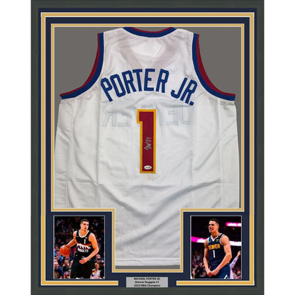 Framed Autographed/Signed Michael Porter Jr. 35x39 Denver White Basketball Jersey JSA COA