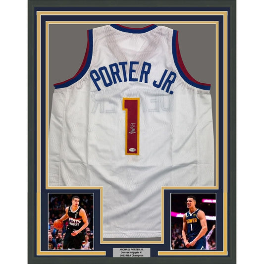 Framed Autographed/Signed Michael Porter Jr. 35x39 Denver White Basketball Jersey JSA COA