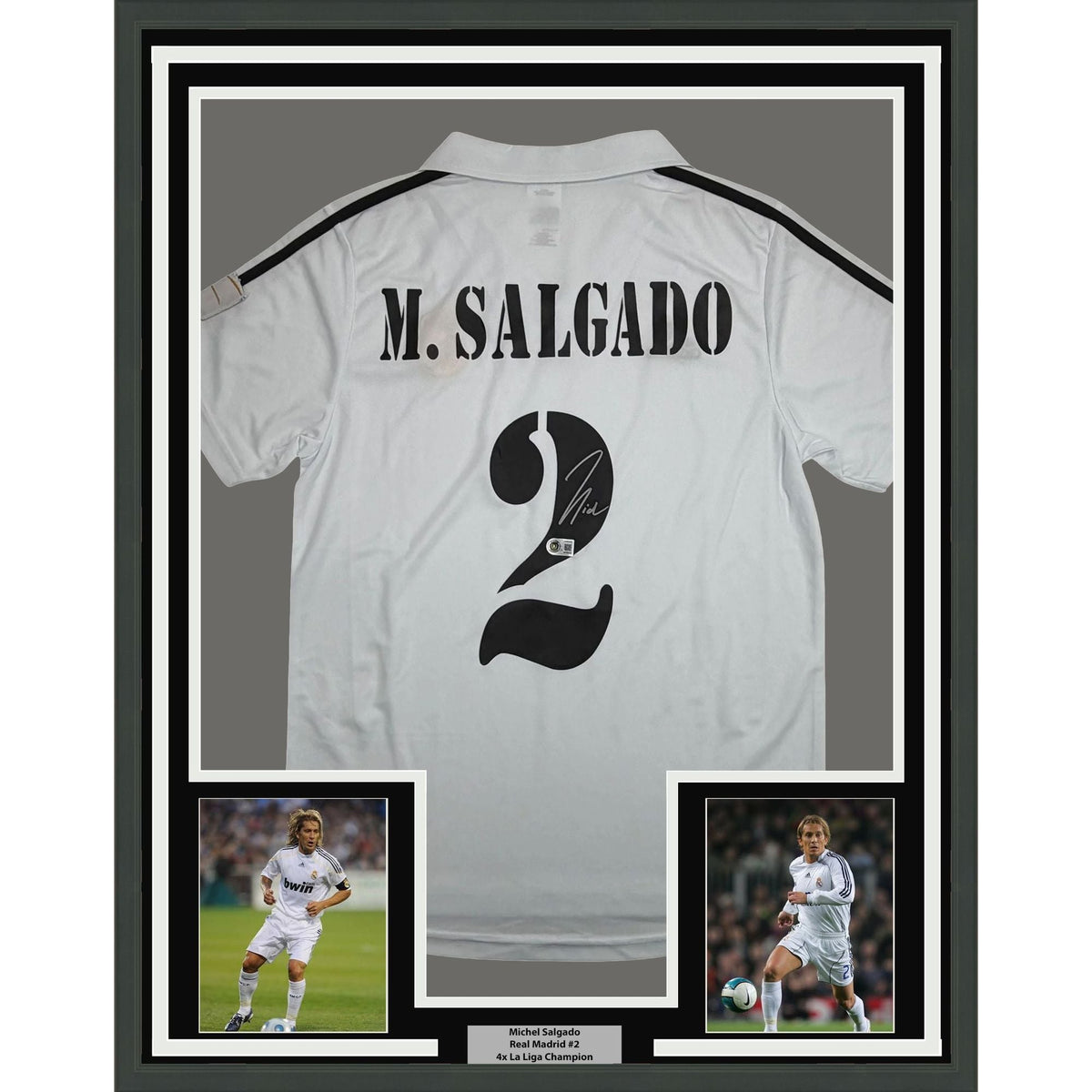 Framed Autographed/Signed Michel Salgado 35x39 Real Madrid White Soccer Futbol Jersey Beckett BAS COA