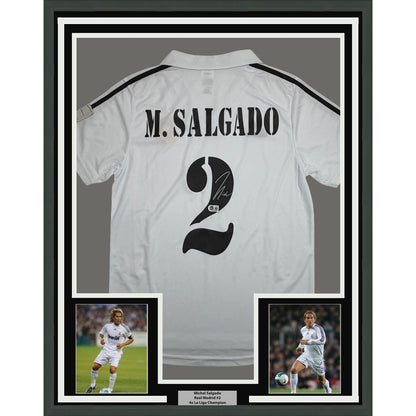 Framed Autographed/Signed Michel Salgado 35x39 Real Madrid White Soccer Futbol Jersey Beckett BAS COA