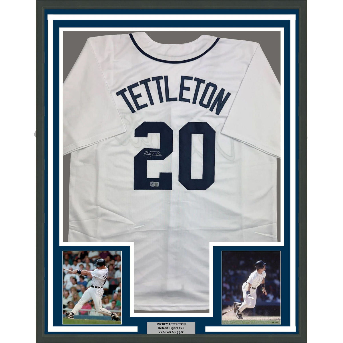 Framed Autographed/Signed Mickey Tettleton 35x39 Detroit White Baseball Jersey Beckett BAS COA