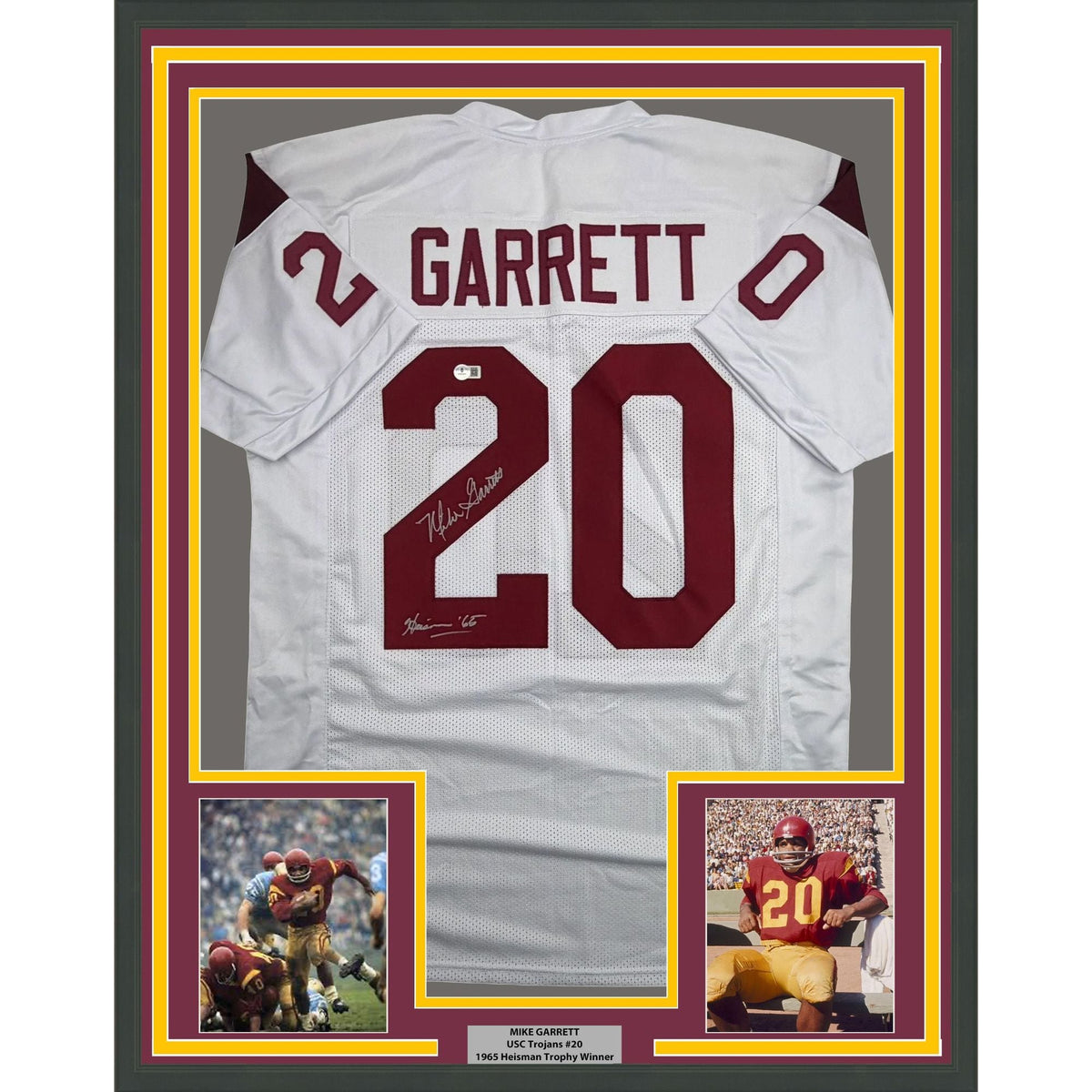 Framed Autographed/Signed Mike Garrett Heisman 65 35x39 USC Southern Cal White College Football Jersey Beckett BAS COA