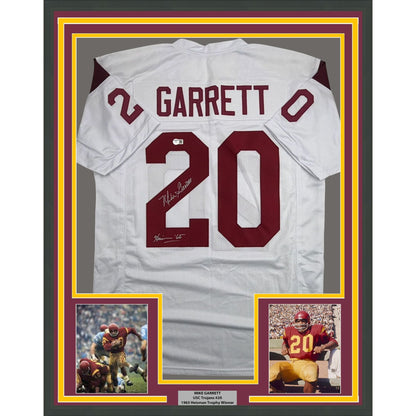 Framed Autographed/Signed Mike Garrett Heisman 65 35x39 USC Southern Cal White College Football Jersey Beckett BAS COA