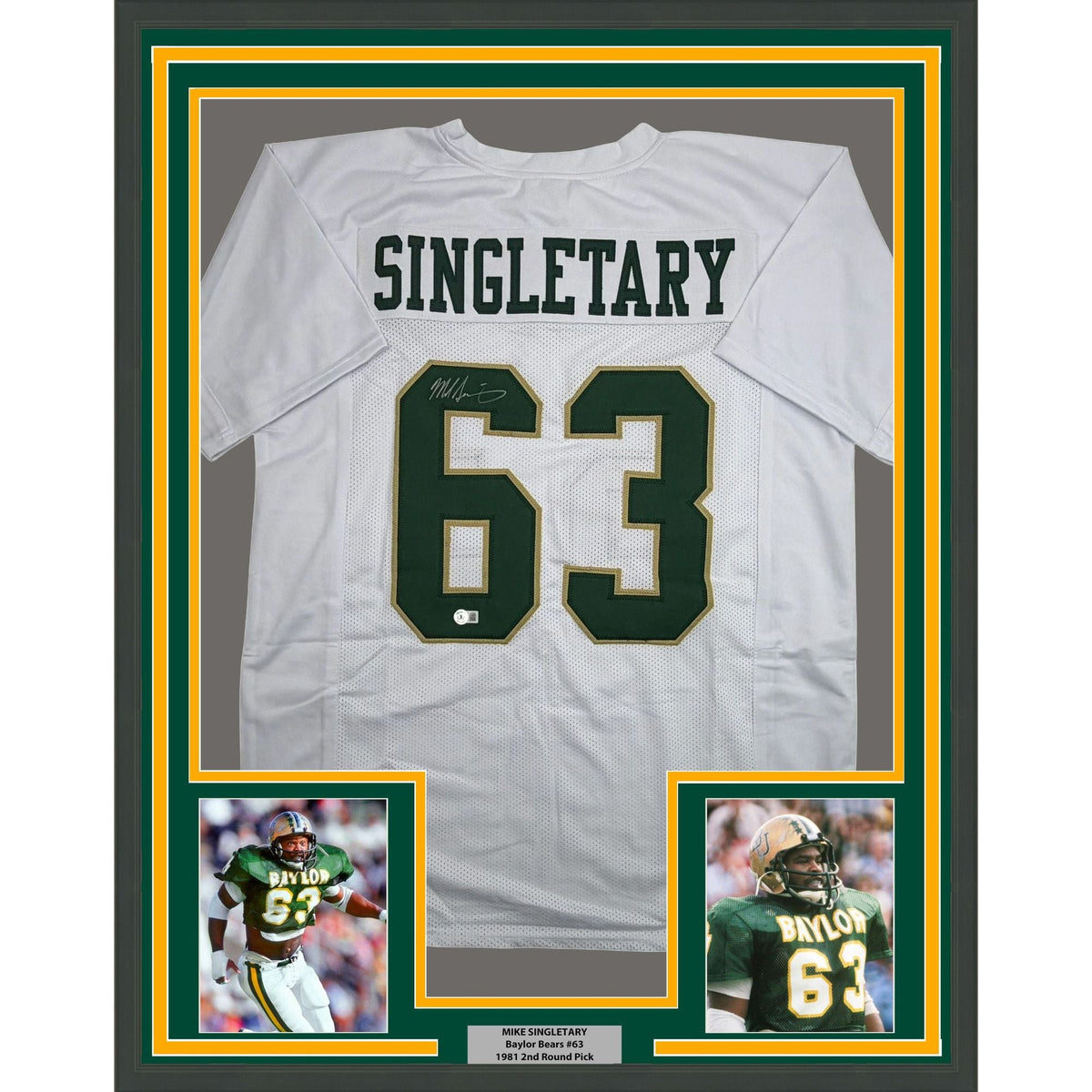 Framed Autographed/Signed Mike Singletary 35x39 Baylor White College Football Jersey Beckett BAS COA