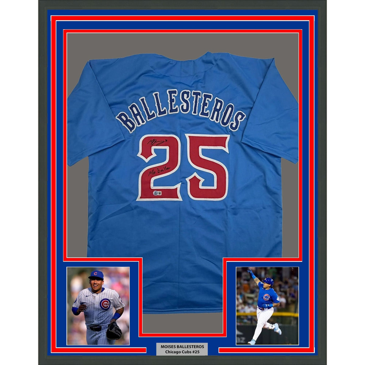 Framed Autographed/Signed Moises Ballesteros 35x39 Chicago Blue City Connect Baseball Jersey Beckett BAS COA