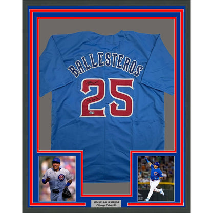 Framed Autographed/Signed Moises Ballesteros 35x39 Chicago Blue City Connect Baseball Jersey Beckett BAS COA