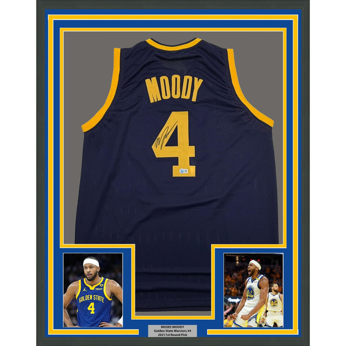 Framed Autographed/Signed Moses Moody 35x39 Golden State Navy Blue Basketball Jersey Beckett BAS COA