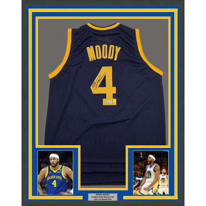 Framed Autographed/Signed Moses Moody 35x39 Golden State Navy Blue Basketball Jersey Beckett BAS COA