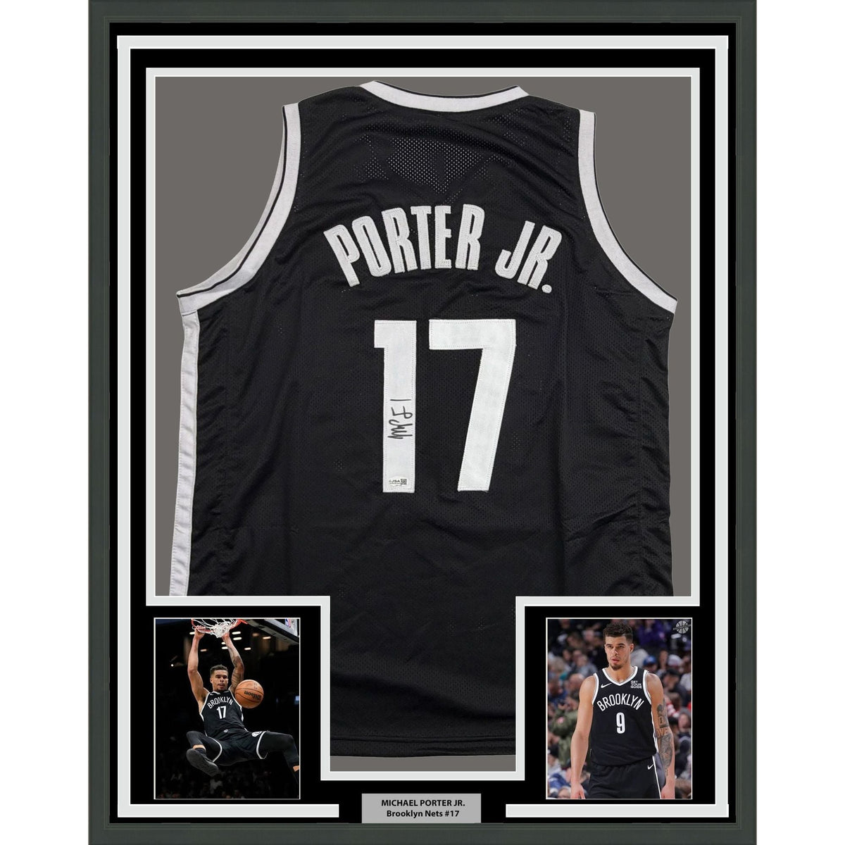 Framed Autographed/Signed Michael Porter Jr 35x39 Brooklyn Black Basketball Jersey JSA COA