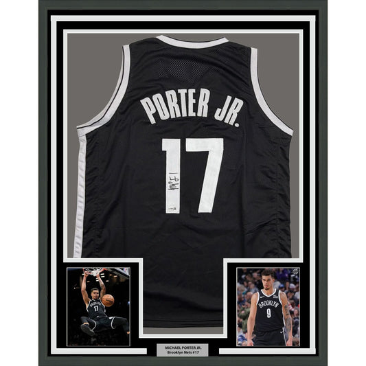 Framed Autographed/Signed Michael Porter Jr 35x39 Brooklyn Black Basketball Jersey JSA COA
