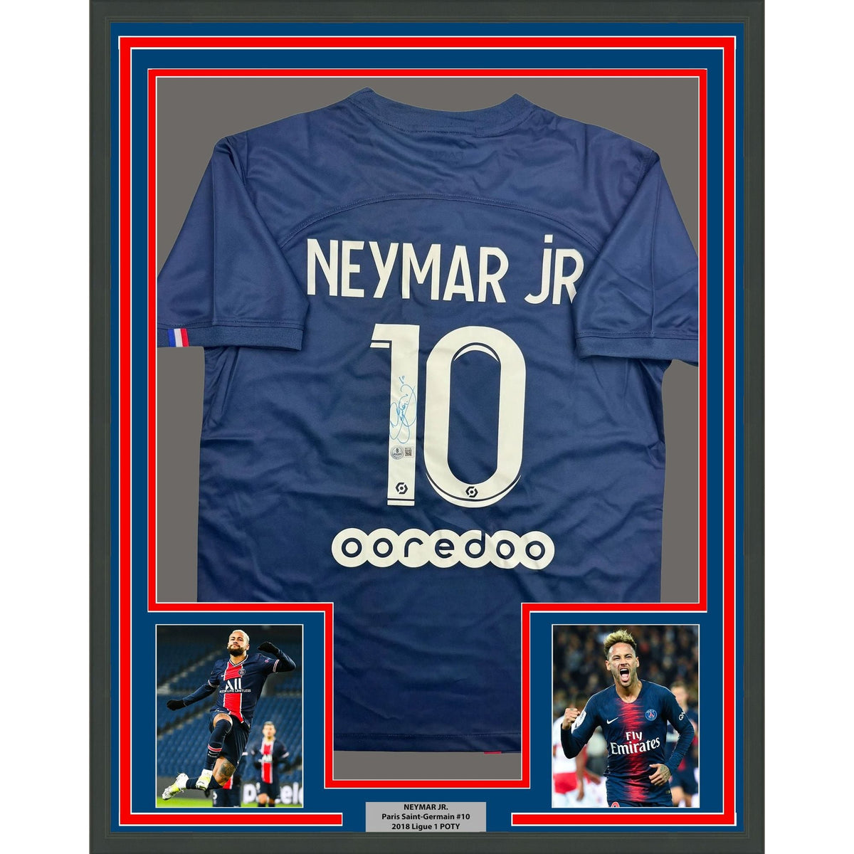 Framed Autographed/Signed Neymar Jr. 35x39 PSG Paris Saint-Germain Blue Soccer Jersey Beckett BAS COA