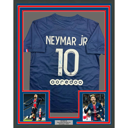 Framed Autographed/Signed Neymar Jr. 35x39 PSG Paris Saint-Germain Blue Soccer Jersey Beckett BAS COA