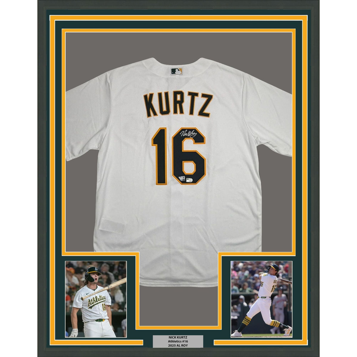 Framed Autographed/Signed Nick Kurtz 35x39 Athletics White Authentic Baseball Jersey Fanatics & MLB COA