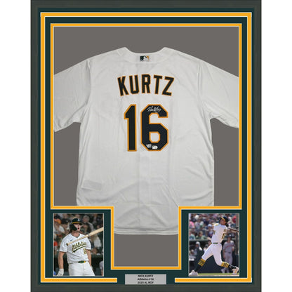 Framed Autographed/Signed Nick Kurtz 35x39 Athletics White Authentic Baseball Jersey Fanatics & MLB COA