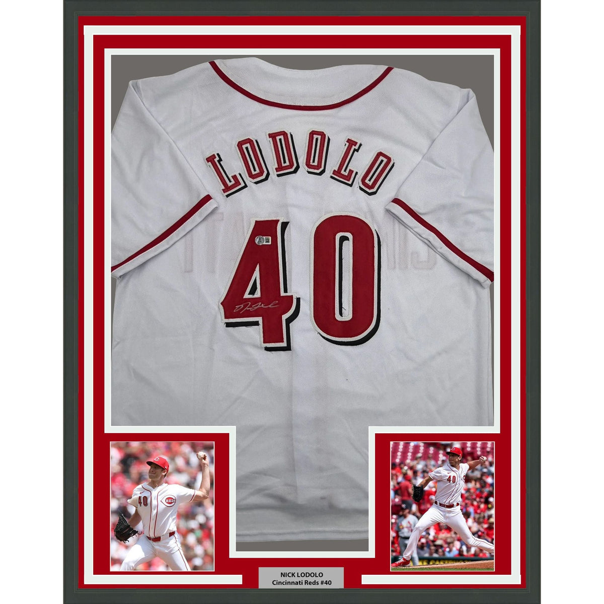 Framed Autographed/Signed Nick Lodolo 35x39 Cincinnati White Baseball Jersey Beckett BAS COA