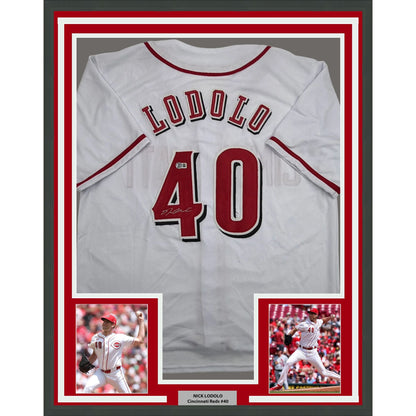 Framed Autographed/Signed Nick Lodolo 35x39 Cincinnati White Baseball Jersey Beckett BAS COA