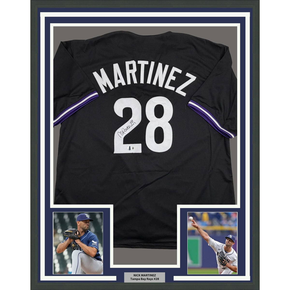 Framed Autographed/Signed Nick Martinez 35x39 Tampa Bay Black Baseball Jersey Beckett BAS COA