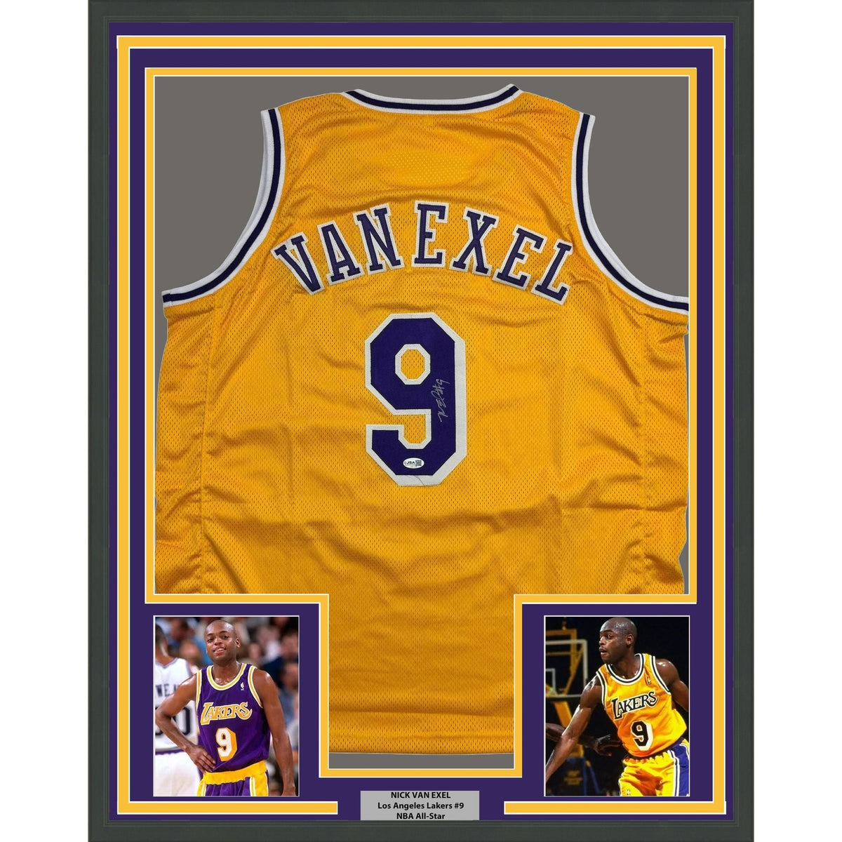 Framed Autographed/Signed Nick Van Exel 35x39 Los Angeles Yellow Basketball Jersey JSA COA