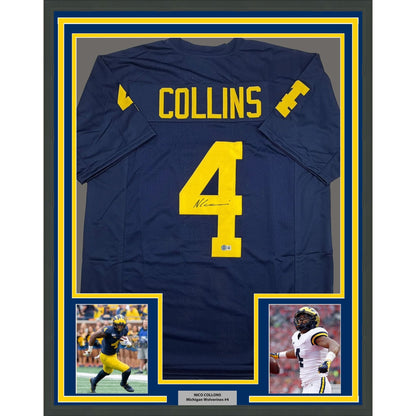 Framed Autographed/Signed Nico Collins 35x39 Michigan Blue College Football Jersey Beckett BAS COA