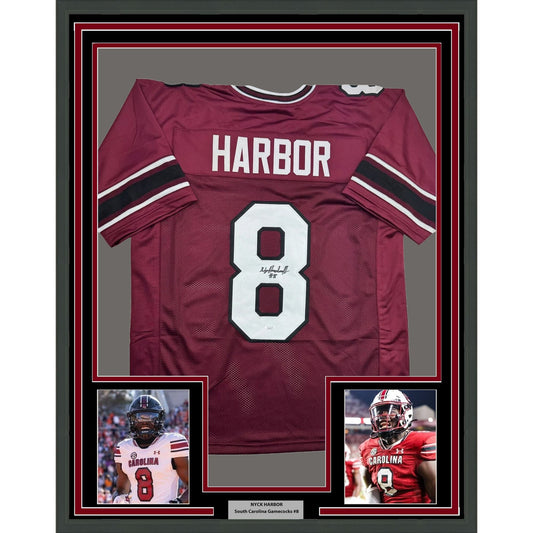 Framed Autographed/Signed Nyck Harbor 35x39 South Carolina Maroon College Football Jersey JSA COA