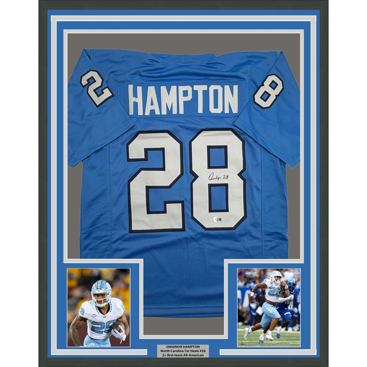 Framed Autographed/Signed Omarion Hampton 35x39 UNC North Carolina Light Blue College Football Jersey Beckett BAS COA