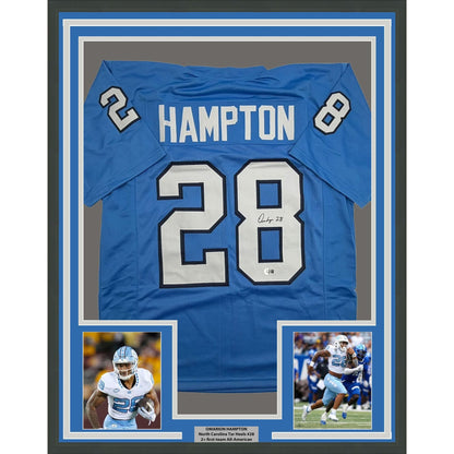 Framed Autographed/Signed Omarion Hampton 35x39 UNC North Carolina Light Blue College Football Jersey Beckett BAS COA