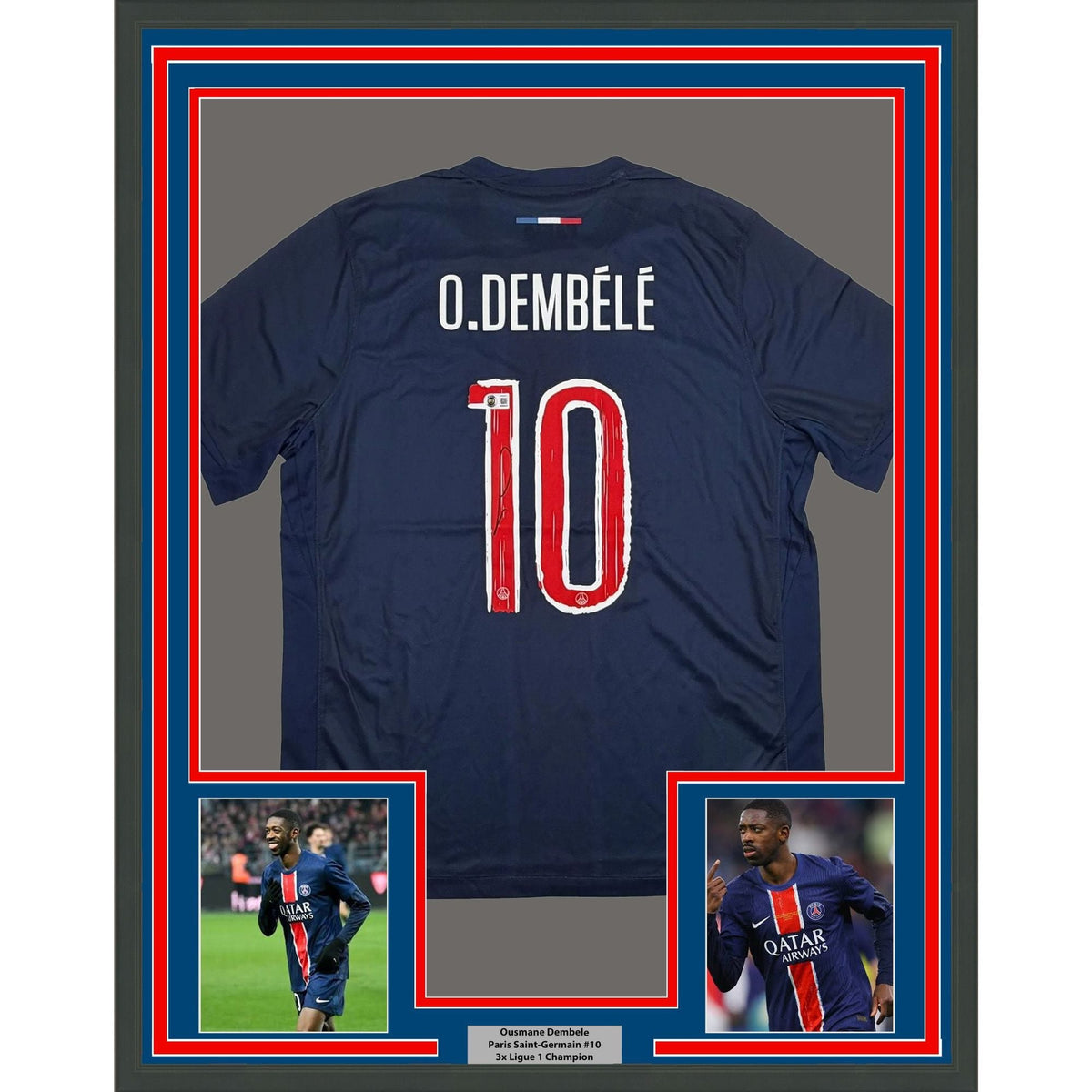 Framed Autographed/Signed Ousmane Dembele 35x39 PSG Paris Saint-Germain Blue Soccer Futbol Jersey Beckett BAS COA