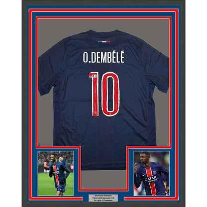 Framed Autographed/Signed Ousmane Dembele 35x39 PSG Paris Saint-Germain Blue Soccer Futbol Jersey Beckett BAS COA