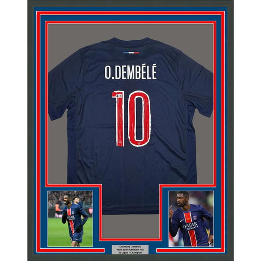 Framed Autographed/Signed Ousmane Dembele 35x39 PSG Paris Saint-Germain Blue Soccer Futbol Jersey Beckett BAS COA