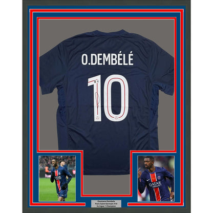 Framed Autographed/Signed Ousmane Dembele 35x39 PSG Paris Saint-Germain Blue Soccer Jersey Beckett BAS COA