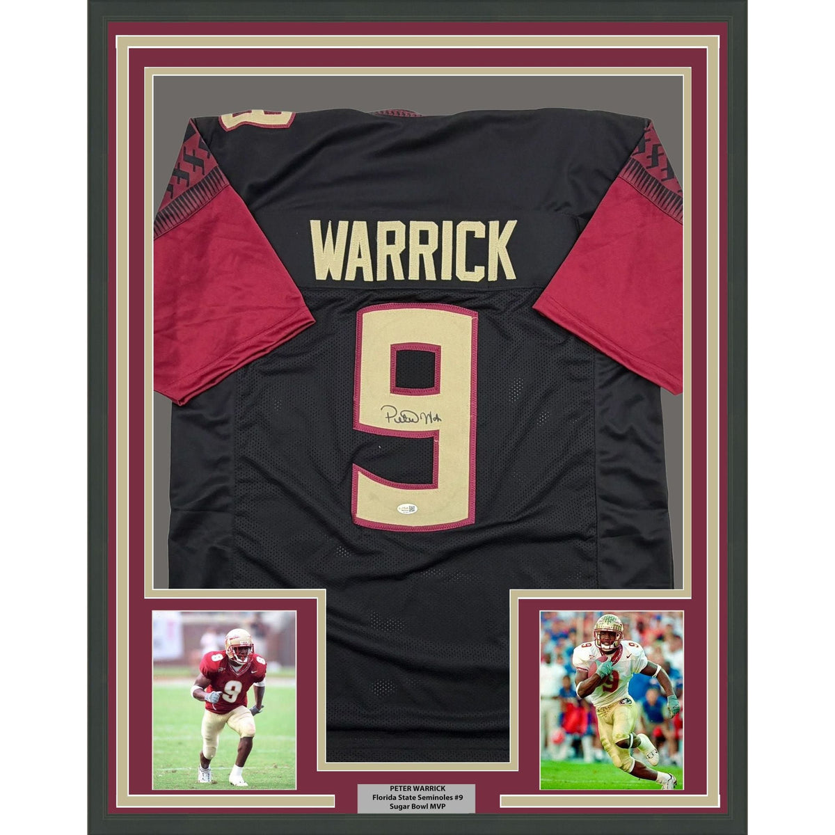 Framed Autographed/Signed Peter Warrick 35x39 Florida State FSU Black College Football Jersey JSA COA