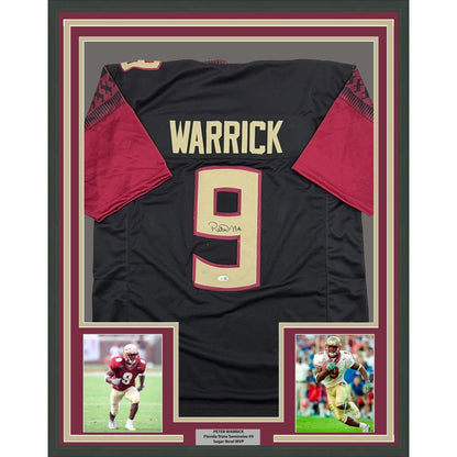 Framed Autographed/Signed Peter Warrick 35x39 Florida State FSU Black College Football Jersey JSA COA