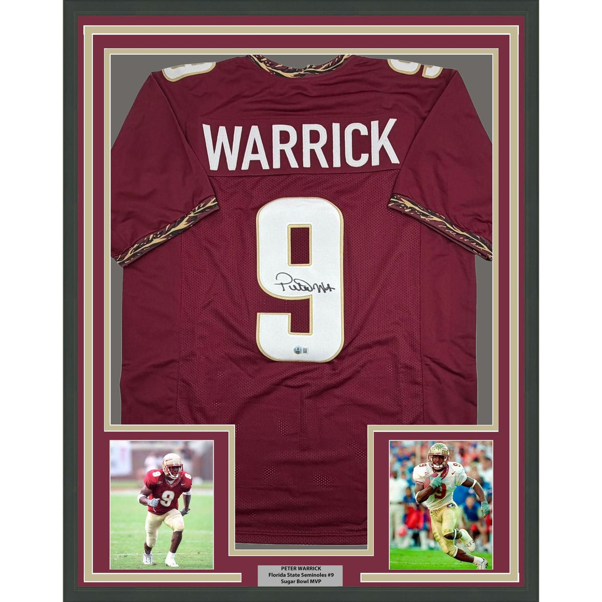 Framed Autographed/Signed Peter Warrick 35x39 Florida State FSU Maroon College Football Jersey Beckett BAS COA