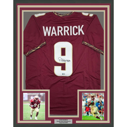 Framed Autographed/Signed Peter Warrick 35x39 Florida State FSU Maroon College Football Jersey Beckett BAS COA