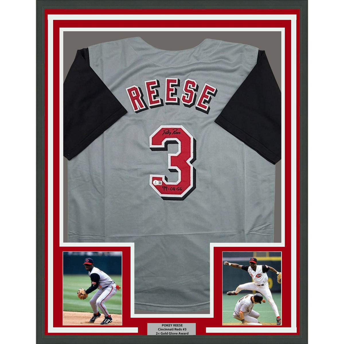Framed Autographed/Signed Pokey Reese 35x39 Cincinnati Grey Baseball Jersey Beckett BAS COA