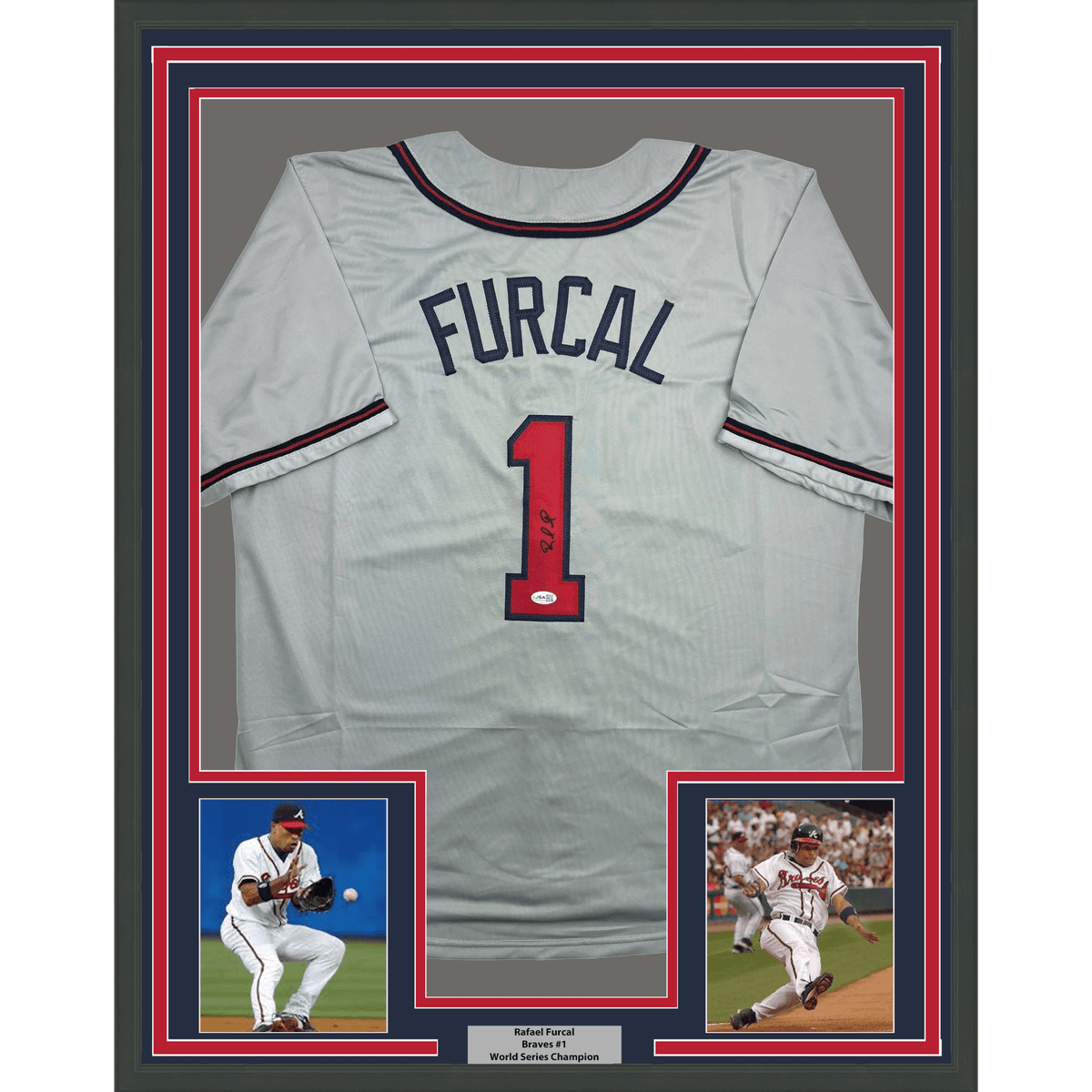 Framed Autographed/Signed Rafael Furcal 35x39 Atlanta Grey Baseball Jersey JSA COA