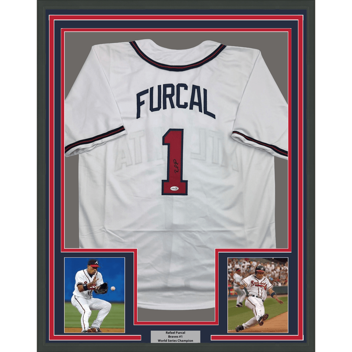 Framed Autographed/Signed Rafael Furcal 35x39 Atlanta White Baseball Jersey JSA COA