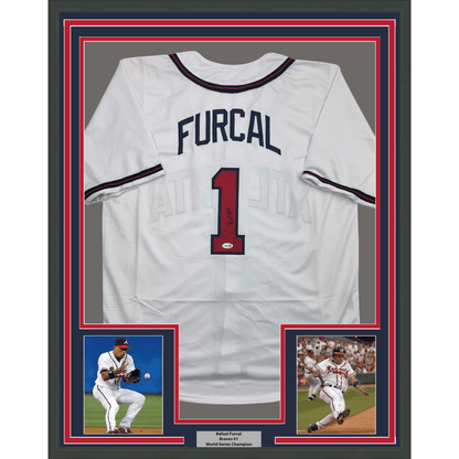 Framed Autographed/Signed Rafael Furcal 35x39 Atlanta White Baseball Jersey JSA COA