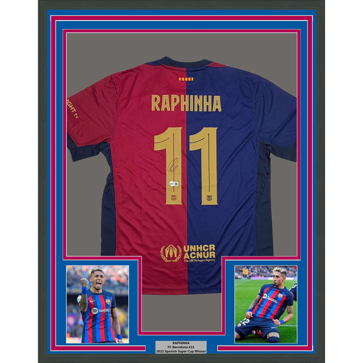 Framed Autographed/Signed Raphinha Raphael Belloli 35x39 FC Barcelona Navy #11 Soccer Jersey Beckett BAS COA